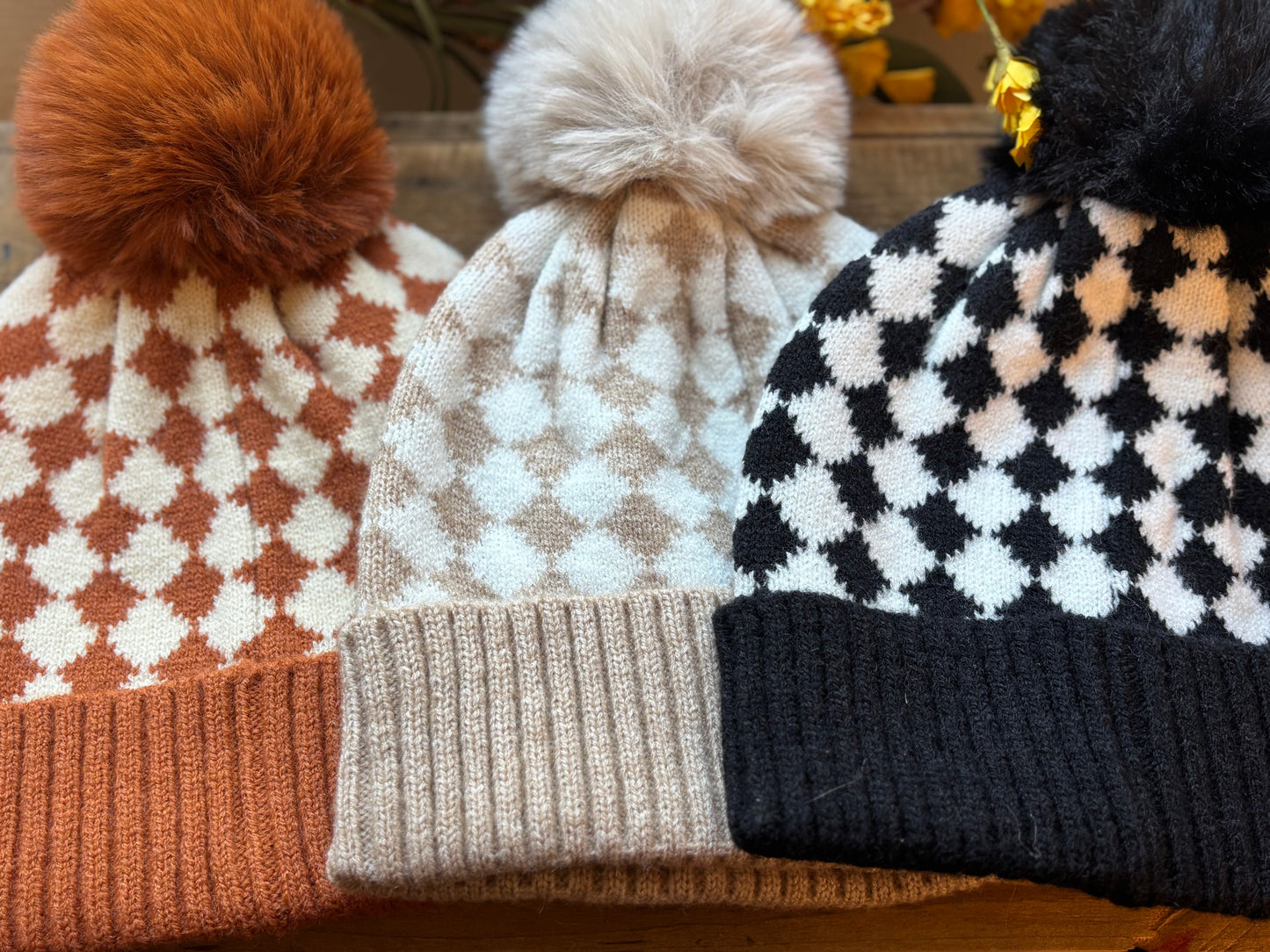 Checkered Pom Pom Rib Beanie
