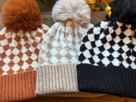 Checkered Pom Pom Rib Beanie