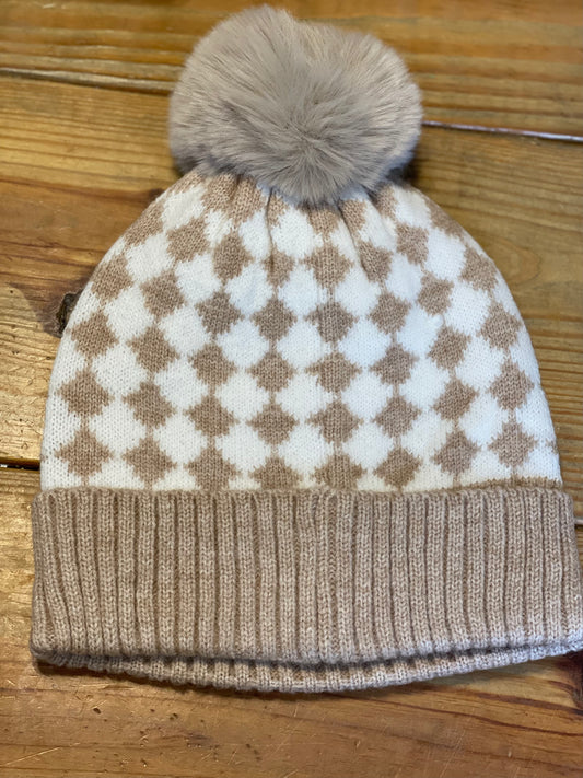 Beige & White Checkered Beanie